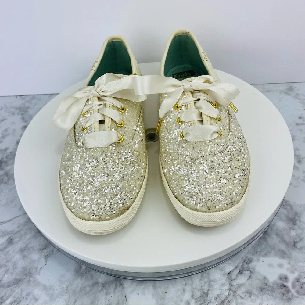 Kate Spade Keds Sneakers Womens 5.5 White Cream Satin Lace Glitter Dipped Bridal